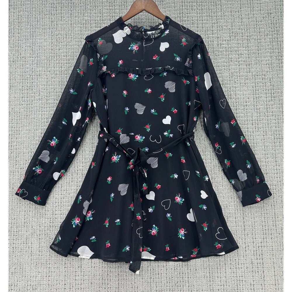 Avec Les Filles Dress Womens L Black Long Sleeve Floral Hearts Print Tie Waist